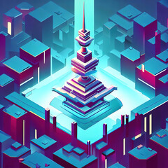 Low pole, abstract futuristic tower in the middle of a tech city, Ai generated - 782848599
