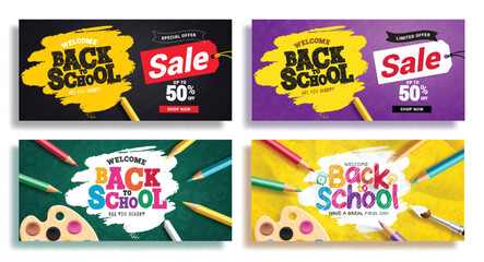 Back to school sale vector banner set. Back to school greeting text and promotion lay out collection for educational shopping flyers background. Vector illustration school greeting design. 
