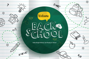 Back to school greeting vector template. Welcome back to school greeting text in green chalk board with doodle elements in paper background. Vector illustration school greeting design.

