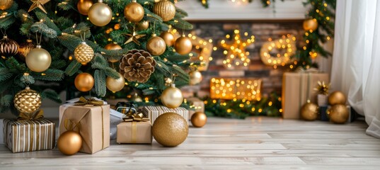Stylish white christmas decor with golden baubles and gifts on floor, festive holiday background