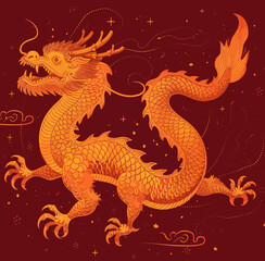 a golden dragon on a red background