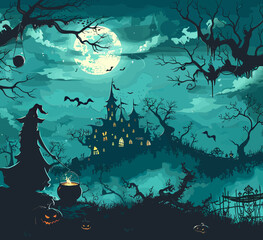 a painting of a halloween scene with a castle