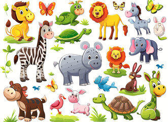 a group of different kinds of animals on a white background