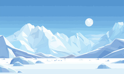 a snowy landscape with mountains and a full moon