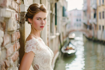 Portrait of a beautiful bride in a white wedding dress on the background of the venetian canal
 - obrazy, fototapety, plakaty