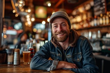 Portrait of a bearded hipster man sitting at a counter in a pub