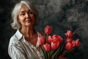 A woman holding a bouquet of pink tulips flower, emanating grace and beauty. Fictional Character Created by Generative AI. - obrazy, fototapety, plakaty