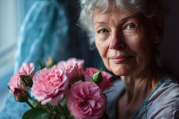 A beautiful old woman holding a beautiful bouquet of roses. Fictional Character Created by Generative AI.