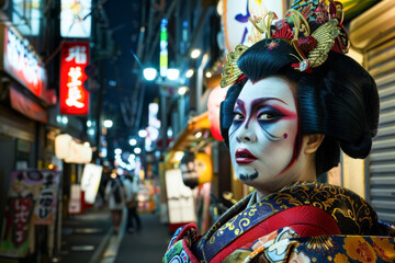 Japanese woman in kimono on Shibuya street at night. - obrazy, fototapety, plakaty