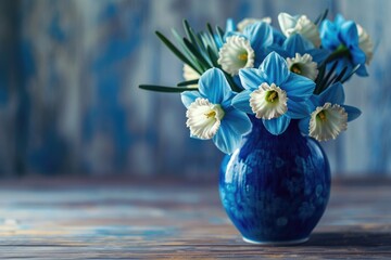 Beautiful Blue and White Daffodil Flower Filled a Ceramic Vase on Wooden Table. - obrazy, fototapety, plakaty