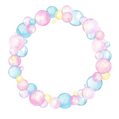 Rainbow colorful bubble blowers. Pink, blue, yellow polka dots. Multicolored circle in soft pastel colors. Wreath with underwater drops, bubbles. Watercolor illustration isolated on white