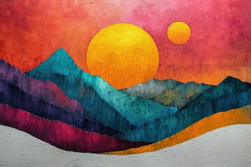 abstract oil painting that vividly depicts a sunrise over Mountains