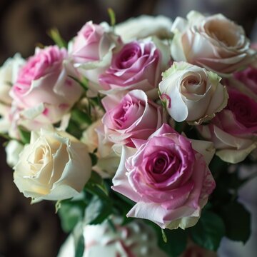 Beautiful blooming bouquet of white and pink roses in a glass vase. Closeup Image.