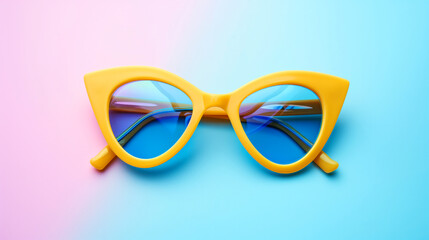 A pair of yellow sunglasses with blue lenses. yellow pastel sunglasses, plain pastel background