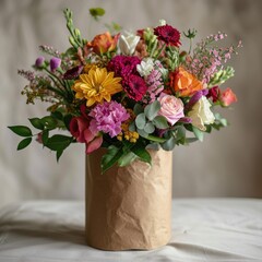 Obraz na płótnie Canvas Astounding bouquet of colorful flowers in a paper wrap, ready to gift any occasion or event.