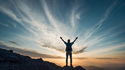 silhouette of a lone person standing on top of a mountain with arms stretched towards the sky to celebrate their success