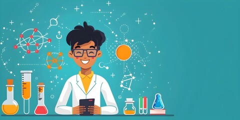 A student character developing a science fair app showcasing innovation and