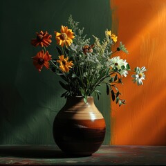 A vase filled with an assortment of fresh cut sun flowers in green and orange background.