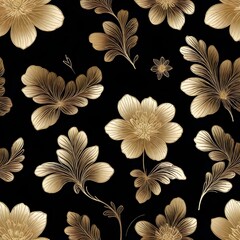 Golden flowers and leaves on black background