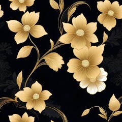 Golden flowers and leaves on black background