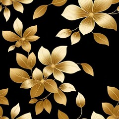 Golden flowers and leaves on black background