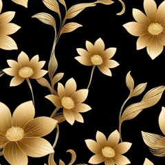 Fototapeta na wymiar Golden flowers and leaves on black background