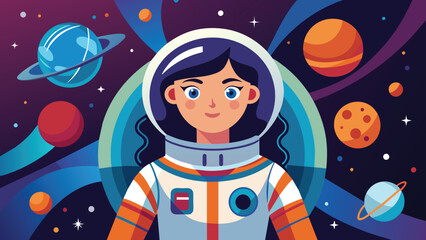 Astronaut woman amidst the stars, Space exploration vector cartoon illustration.