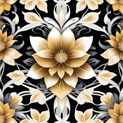 Golden flowers and leaves on black background