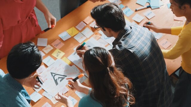 Close up of developer team using mind map to brainstorm idea. Top view of skilled group of business people working together writing marketing strategy by using markers and sticky notes. Symposium.