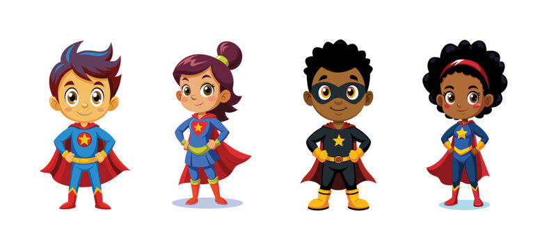 Diverse superhero kids in colorful costumes, vector cartoon illustration.