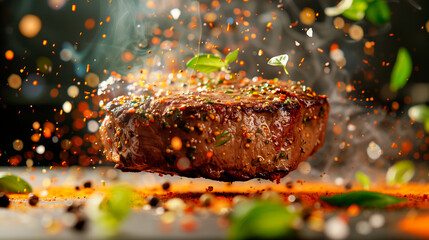 Sizzling steak with herbs and spices on grill. Concept of restaurant menus, culinary blogs, cooking tutorials, food magazines, recipe books, advertisements for grilling equipment - obrazy, fototapety, plakaty