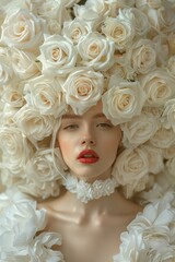 Naklejka premium Detailed portrait focusing on the expression of a woman encased in white roses showing sophistication