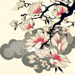 Ukiyo-e style design of cherry blossoms and clouds in pink tones and colors, Ai-generated illustration - 782851119