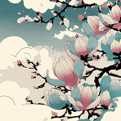 Ukiyo-e style design of cherry blossoms and clouds in pink tones and colors, Ai-generated illustration - 782851120