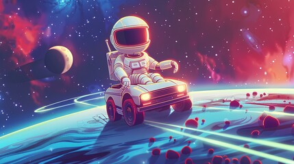 Astronaut riding a car on a planet  in space illustration - obrazy, fototapety, plakaty