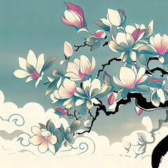 Ukiyo-e style design of cherry blossoms and clouds in pink tones and colors, Ai-generated illustration - 782851138