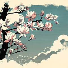 Ukiyo-e style design of cherry blossoms and clouds in pink tones and colors, Ai-generated illustration - 782851146