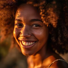  A Happy Portrait of Beautiful Smiling African Woman with Curly Hair in Sunlight Posing for a Photo Fictional Character Created by Generative AI.