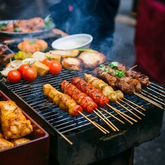 Naklejka premium BBQ Charcoal Grill Stainless Steel Folding Grill for Outdoor Cooking Camping Picnic Tailgate Party BBQ Tool Kit