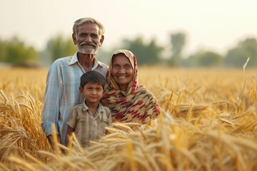 A Happy Indian Farmer Family Standing Together in Their Field of Wheat.  Fictional Character Created by Generative AI.