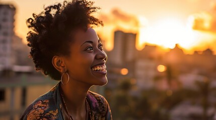 Happy African Young Woman with a beautiful curly Hair and enjoy the sunshine. Fictional Character Created by Generative AI. - obrazy, fototapety, plakaty