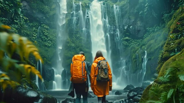 A young couple and a beautiful young woman in hiking clothes with backpacks walk along a hiking trail near a green and quiet natural waterfall, standing and looking at a waterfall in the forest.
