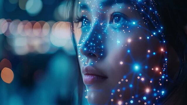 Animation of biometric face scan: Mesh overlay, advanced technology, security concept