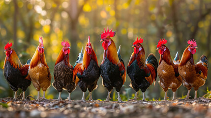 A group of roosters are standing in a row, with some being brown and others being black. The roosters they are all standing on a dirt road. Vibrant group of roosters posing together on a farm - obrazy, fototapety, plakaty