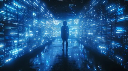 Silhouette of a person standing in a futuristic data center with glowing blue server racks.