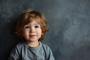  Closeup Image of Adorable young blonde boy posing in front of a gray wall. Fictional Character Created by Generative AI.