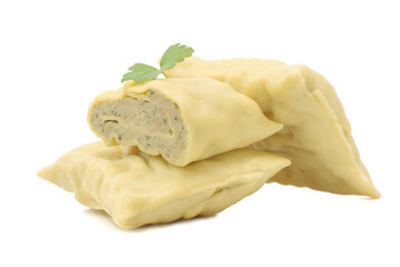 Origin Bavarian or German filled pasta squares with filling of pork meal and vegetables isolated on...