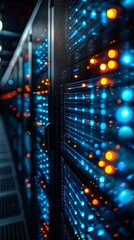 Blue and Orange LED lights on servers in a data center highlight advanced technology and connectivity.