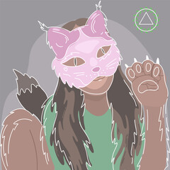 Quadrobics. Fursuit of a cat. Girl in mask. Quads. Furry. Therian flag