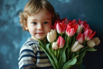 A little blonde boy holding a small bouquet of tulip flowers. closeup image. Fictional Character Created by Generative AI.